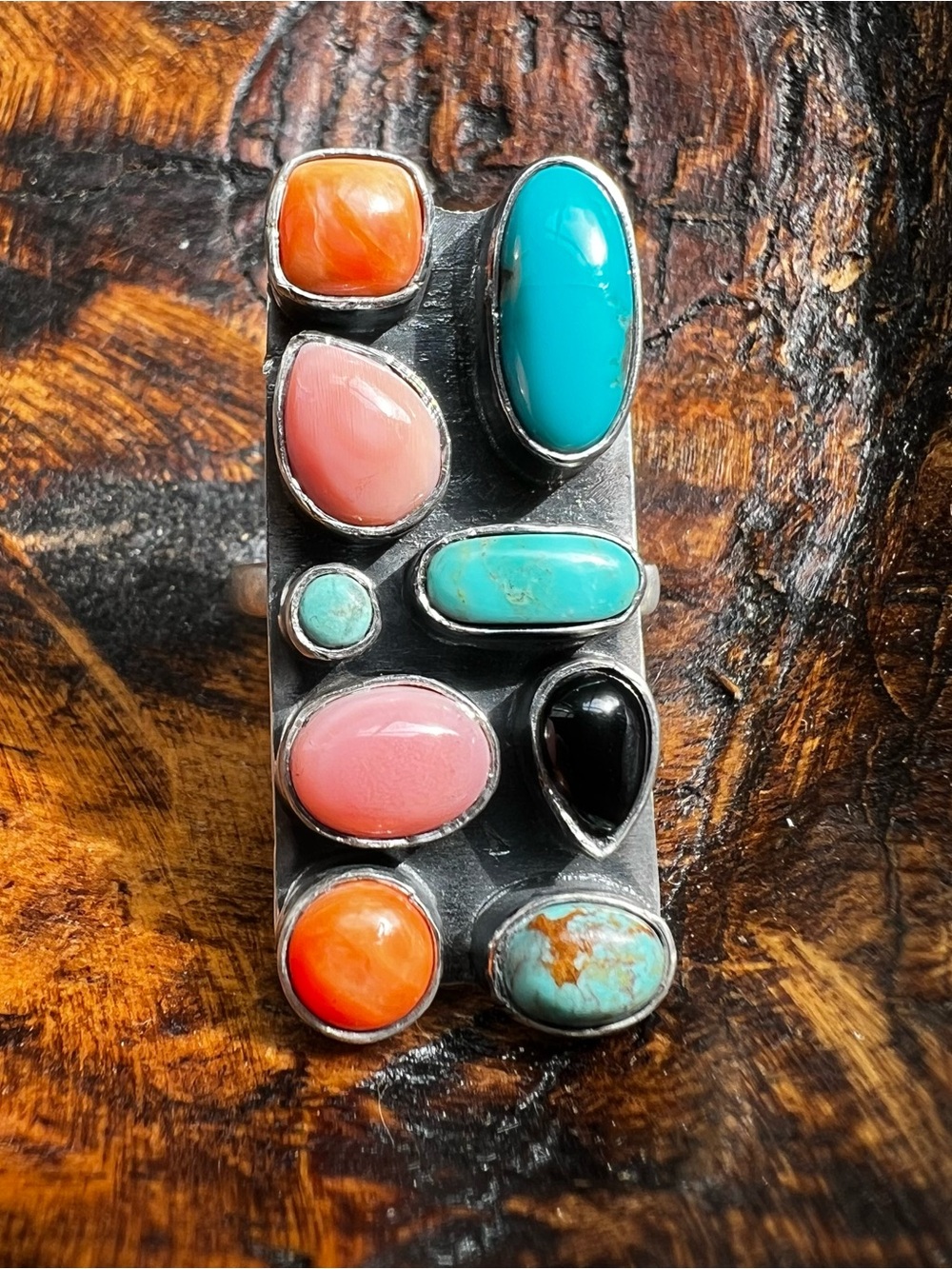 Sterling Silver Multi Stone Statement Ring Kingman Turquoise Adjustable Size 9